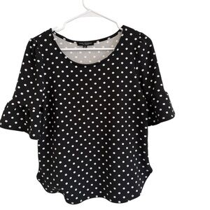 Green Envelope Los Angeles Black Polka Dot Short Sleeve Ruffle Blouse Medium